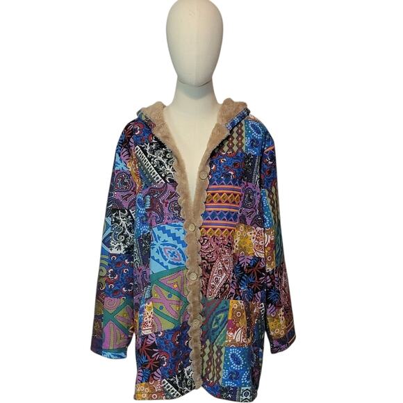 Patchwork Boho Hooded Coat Faux Fur Lined Button Down Mid Length Cozy Size L/XL - Picture 9 of 13